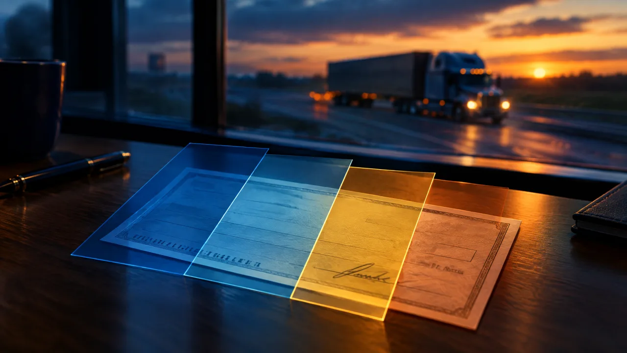 Settlement check on a desk divided by translucent colored overlays, with a semi-truck on a highway at dusk visible through the window