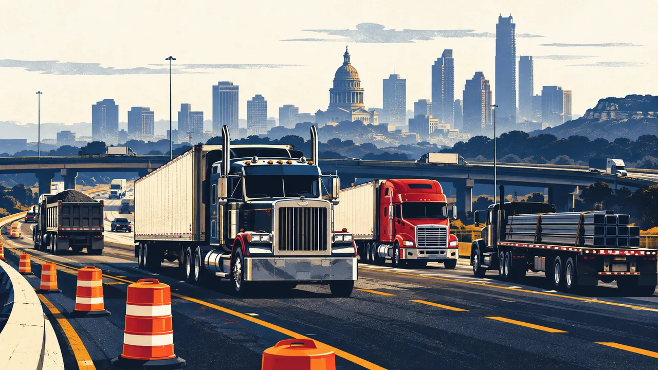 Illustration of tractor-trailers on the highways around Austin