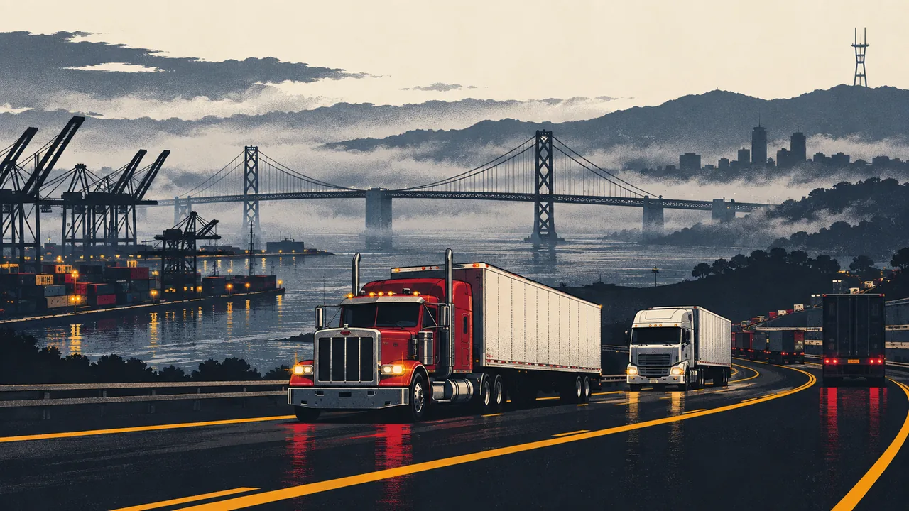 Illustration of tractor-trailers on the highways around Oakland & the Bay Area