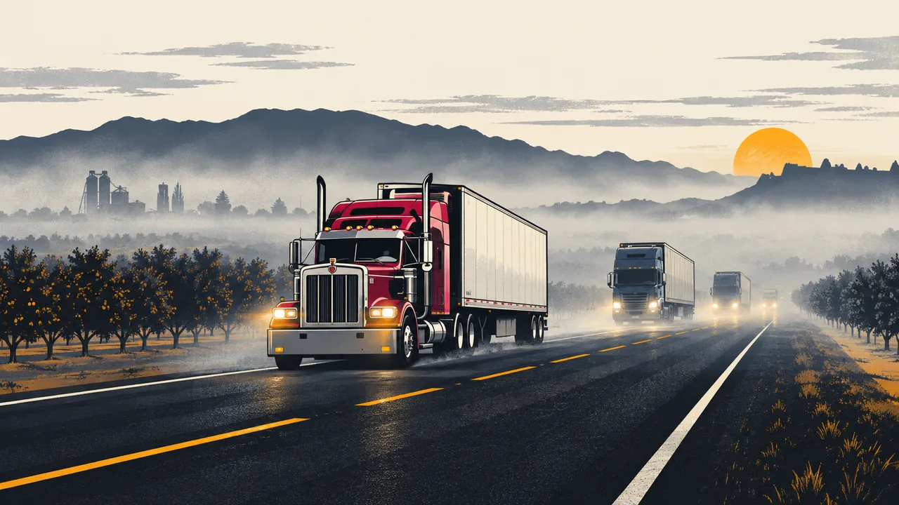Illustration of tractor-trailers on the highways around Fresno & Bakersfield