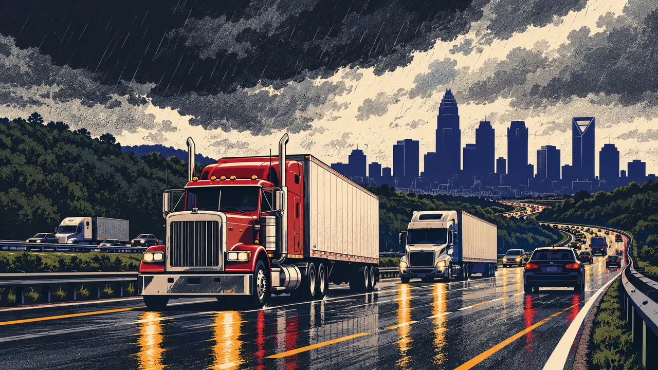 Illustration of tractor-trailers on the highways around Charlotte