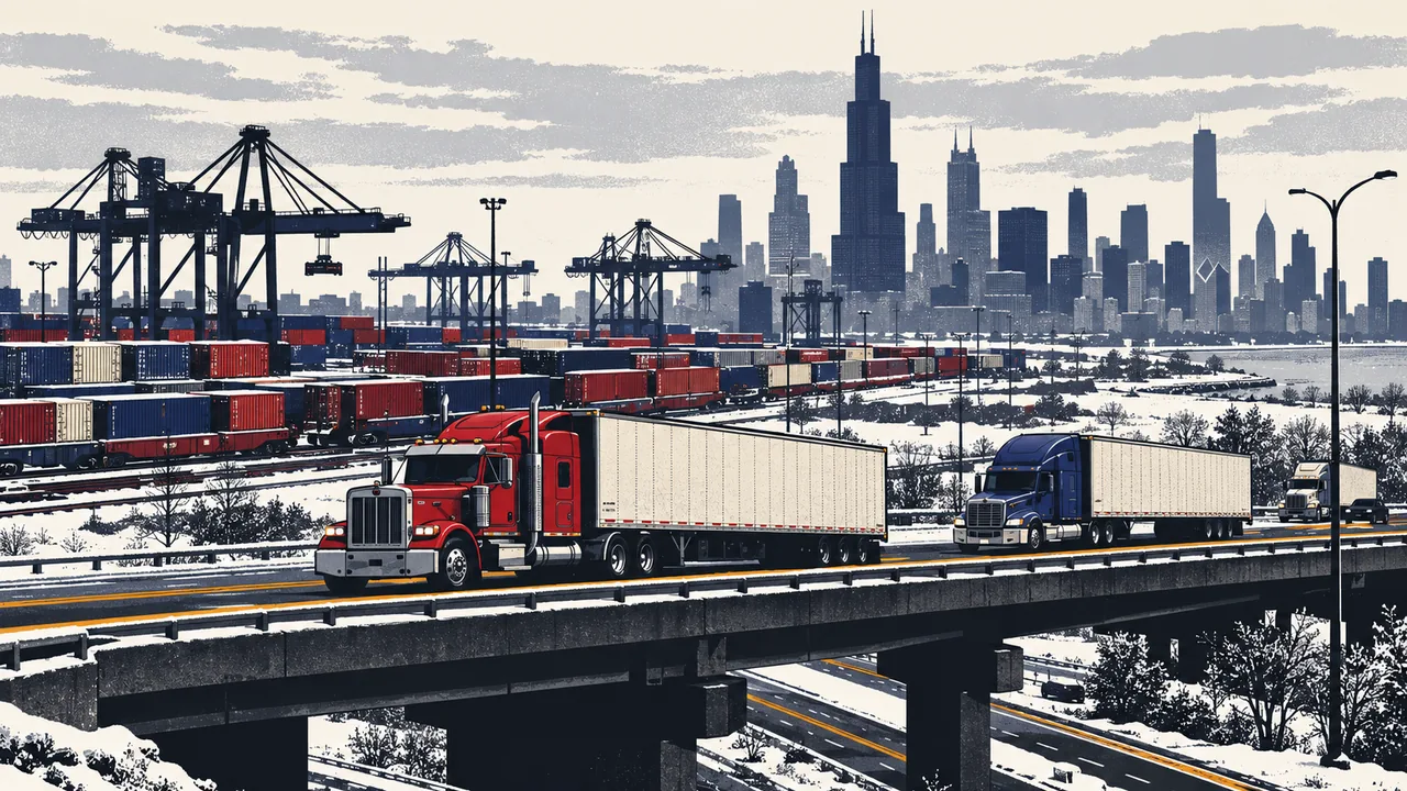 Illustration of tractor-trailers on the highways around Chicago