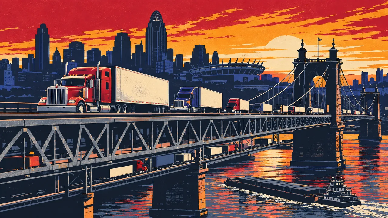 Illustration of tractor-trailers on the highways around Cincinnati