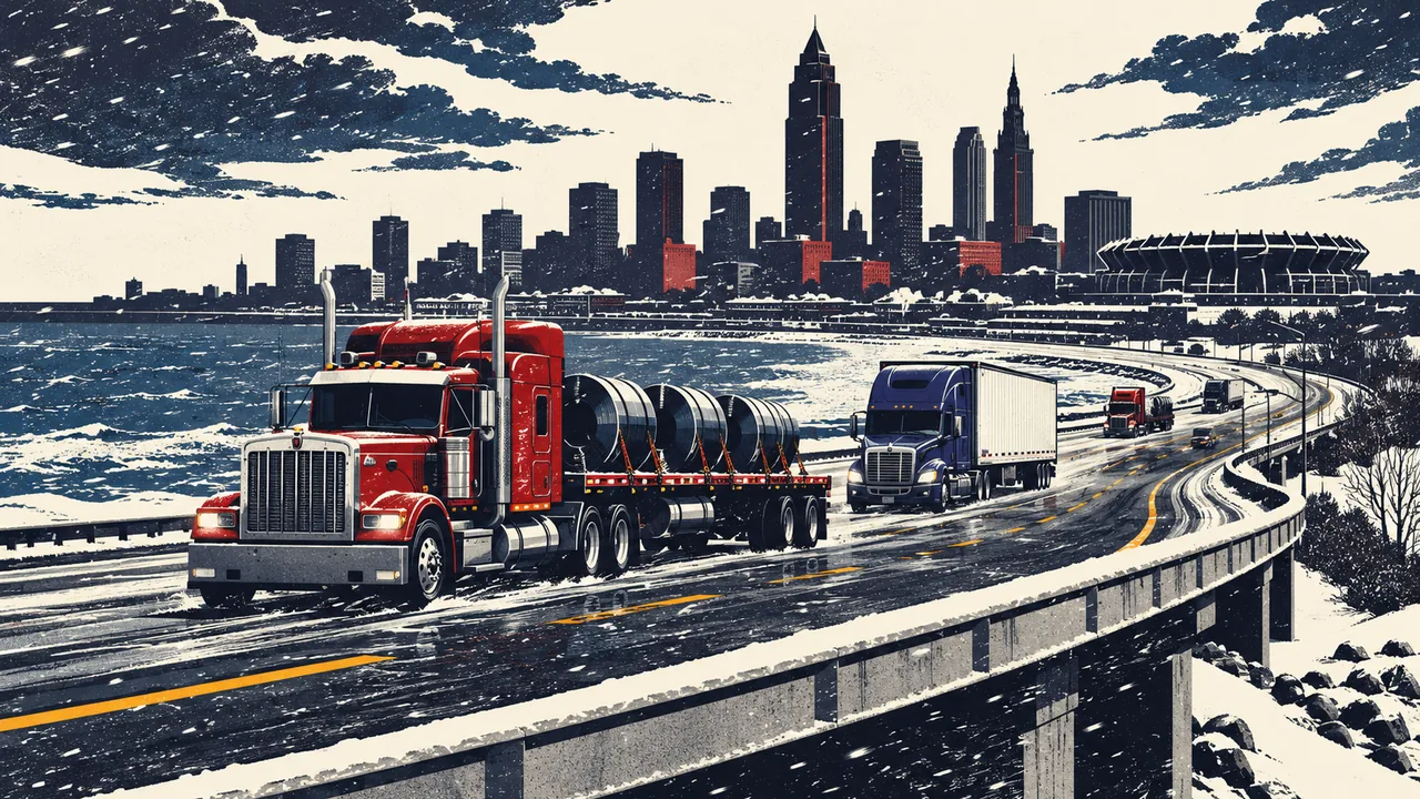 Illustration of tractor-trailers on the highways around Cleveland