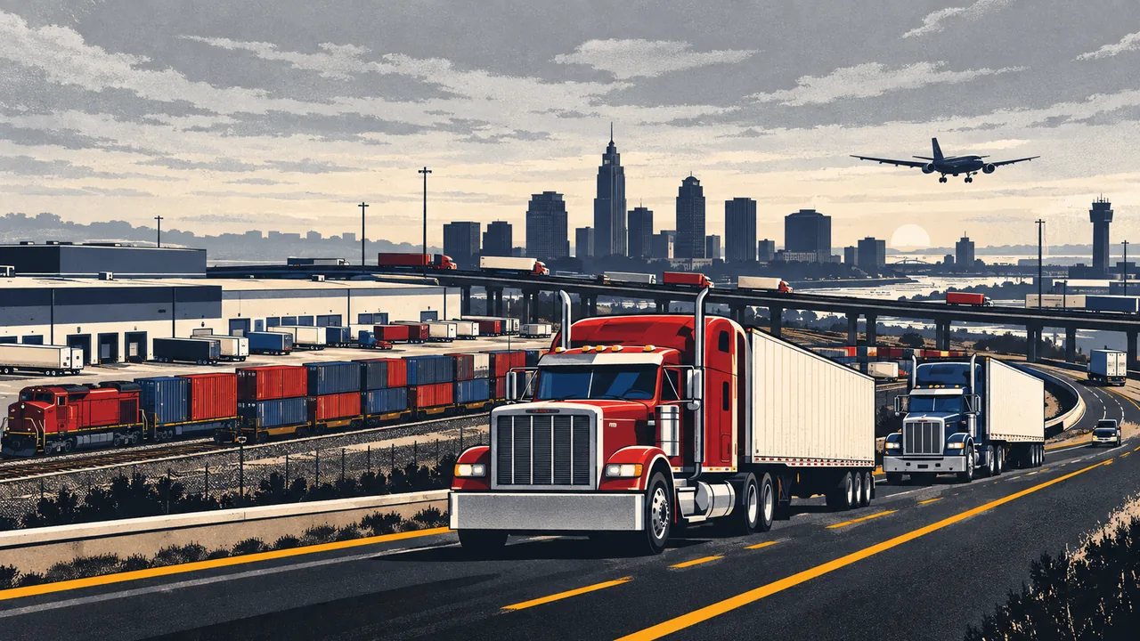 Illustration of tractor-trailers on the highways around Columbus