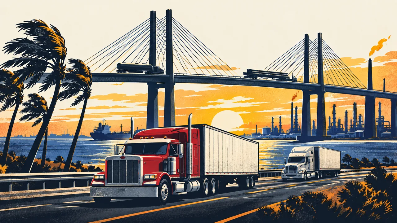 Illustration of tractor-trailers on the highways around Corpus Christi