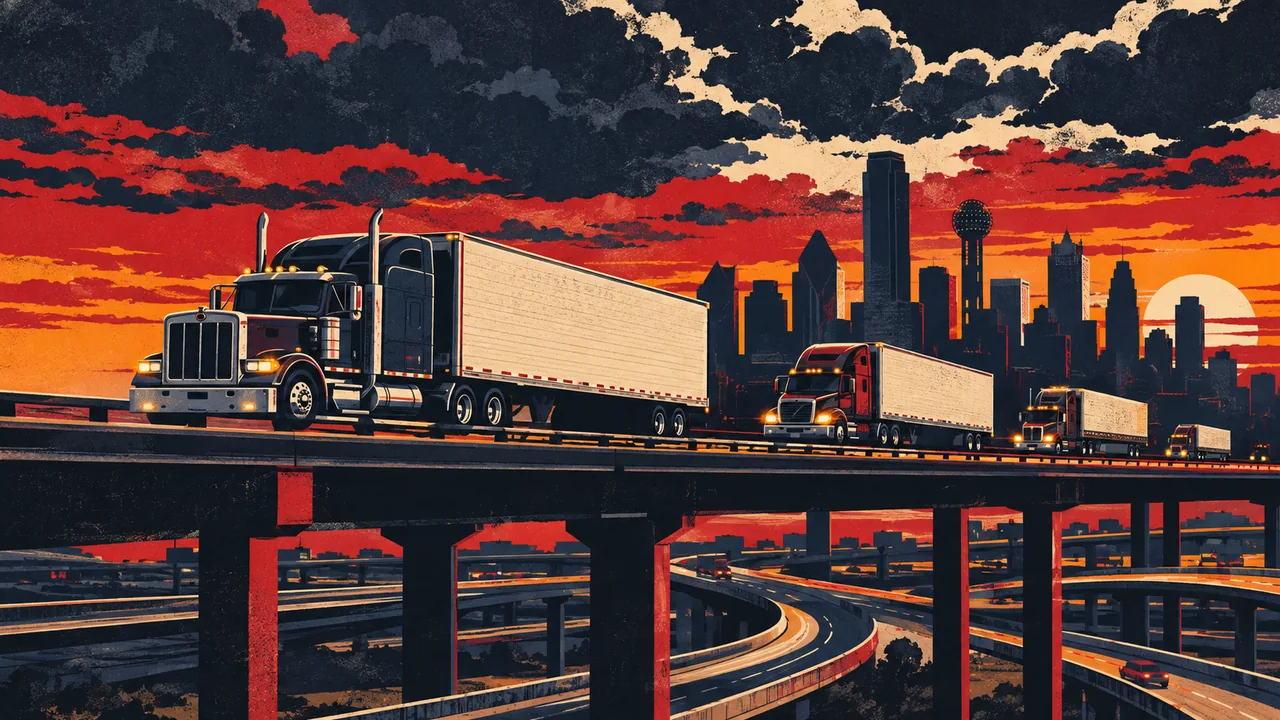 Illustration of tractor-trailers on the highways around Dallas–Fort Worth