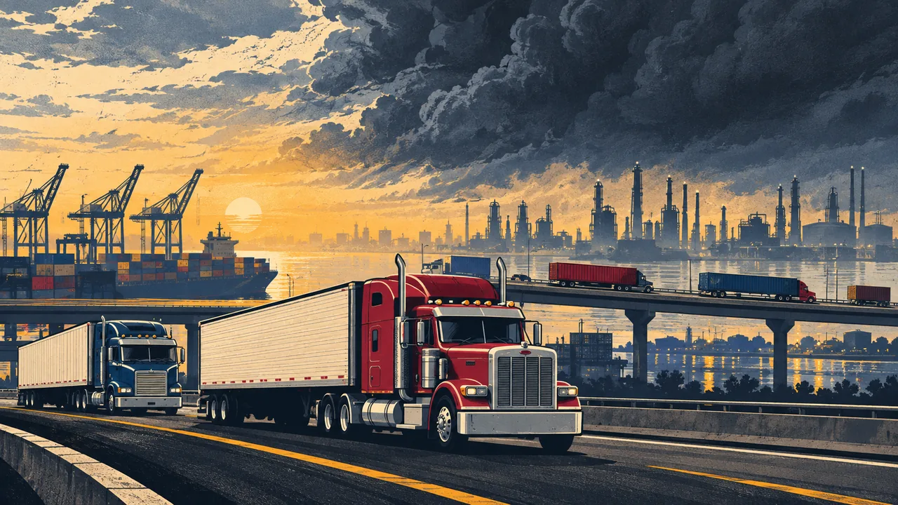 Illustration of tractor-trailers on the highways around Houston