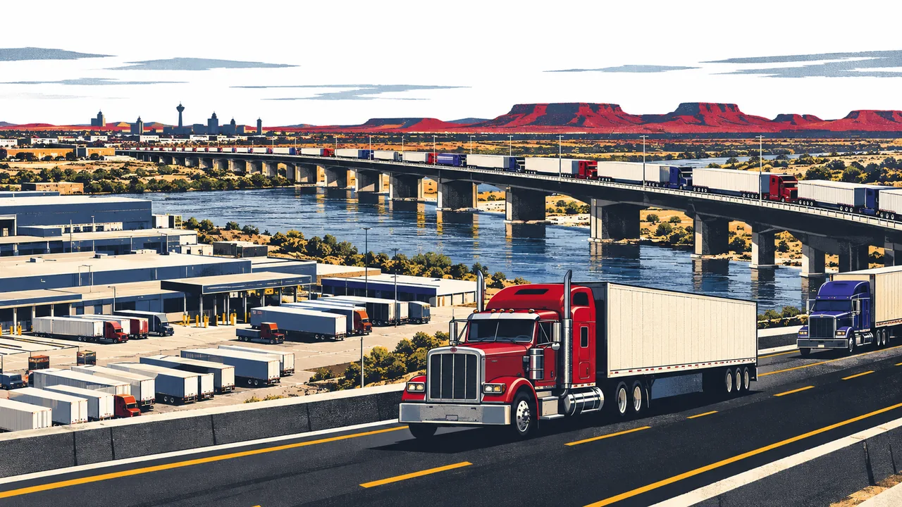 Illustration of tractor-trailers on the highways around Laredo