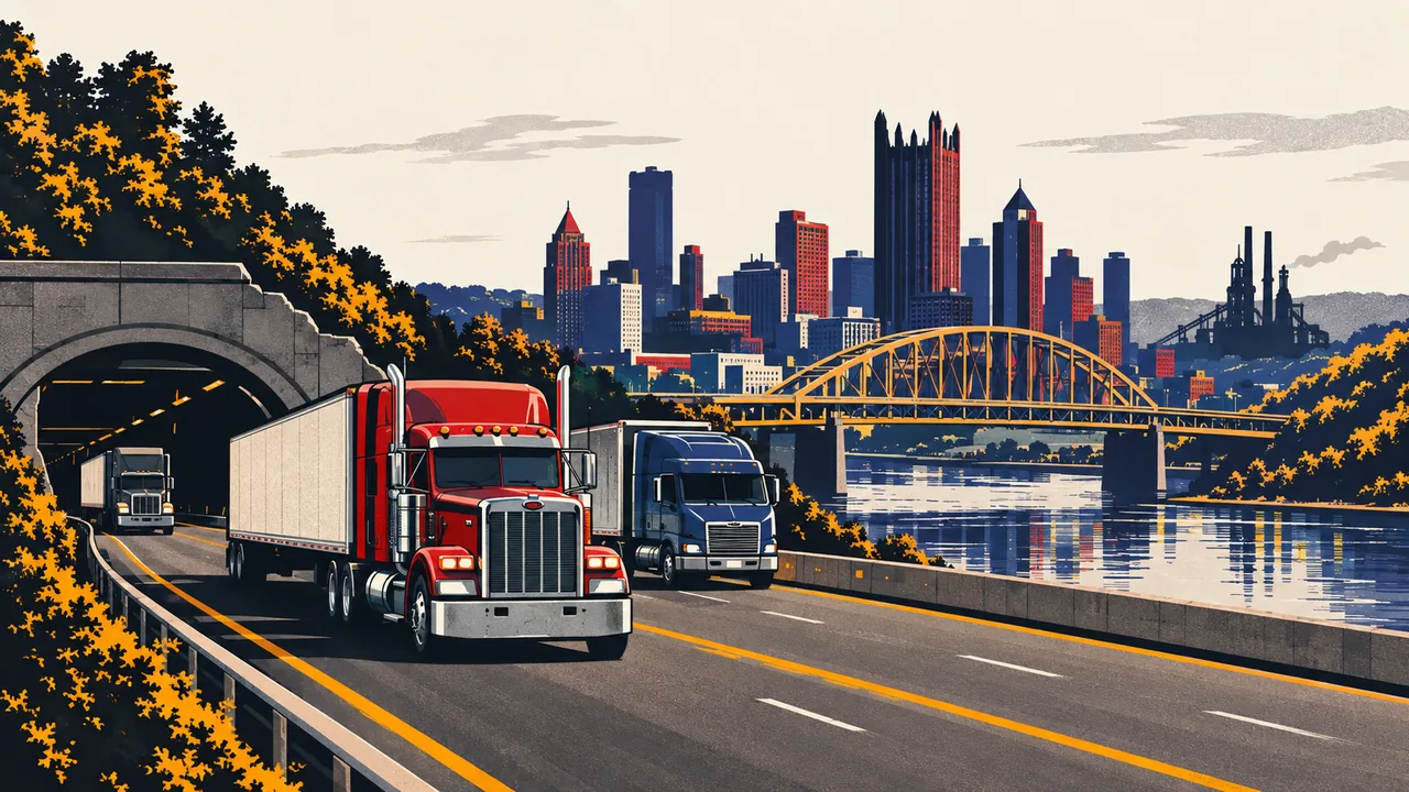Illustration of tractor-trailers on the highways around Pittsburgh