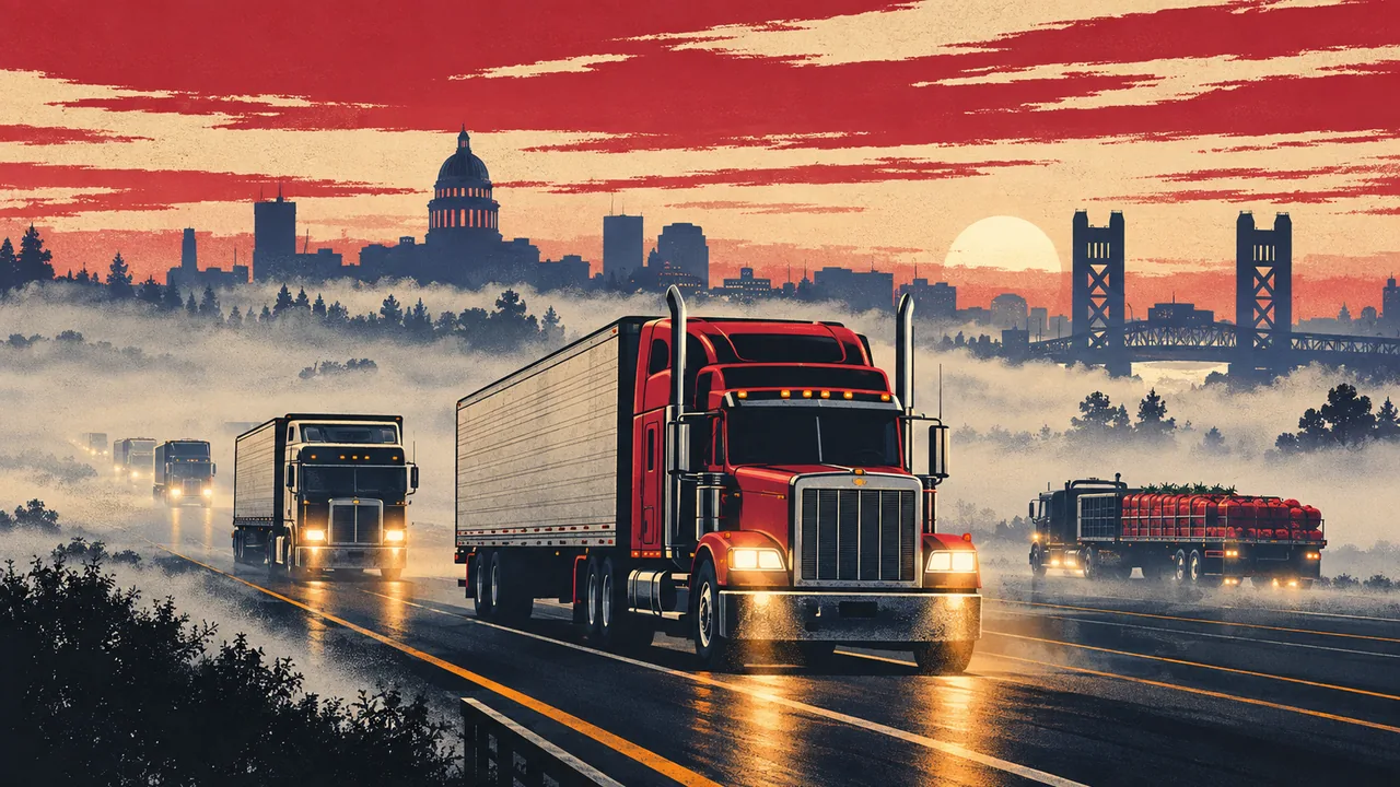 Illustration of tractor-trailers on the highways around Sacramento