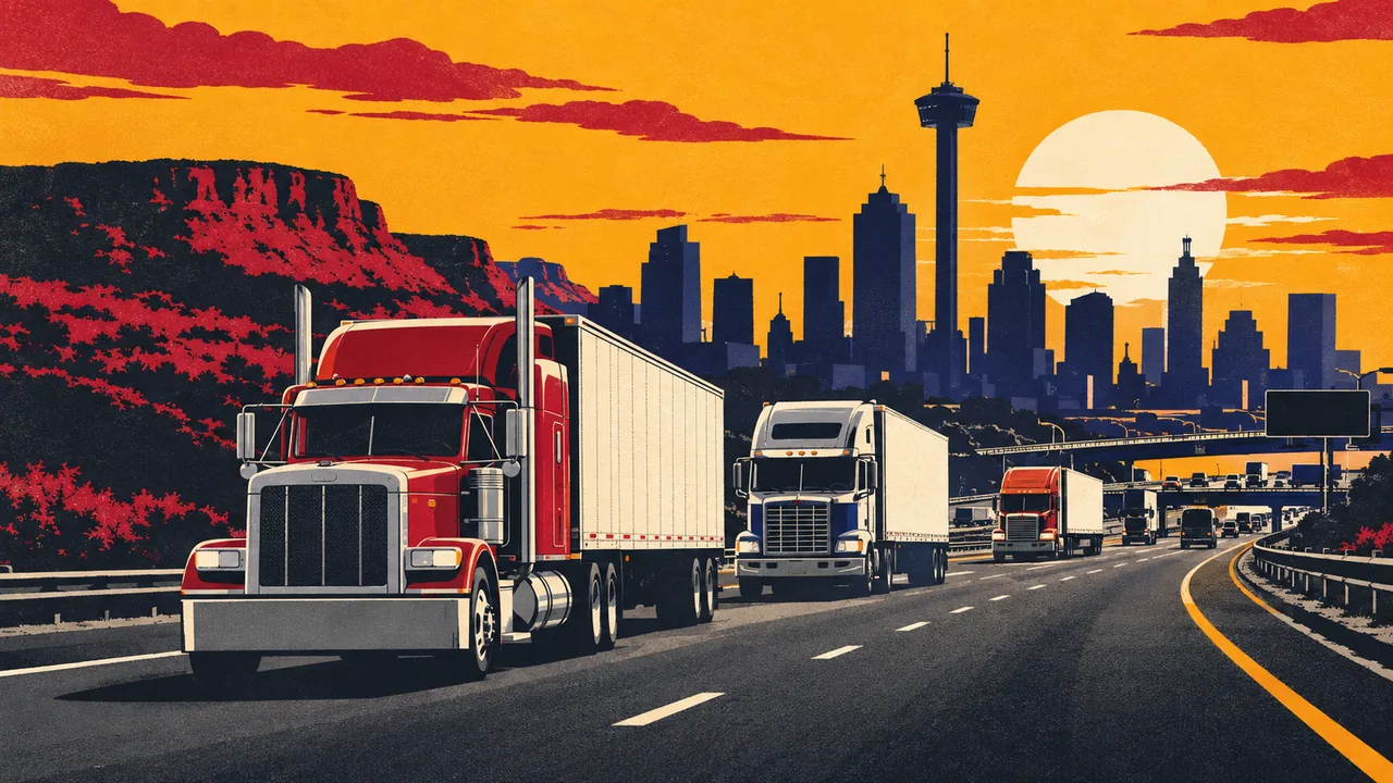 Illustration of tractor-trailers on the highways around San Antonio