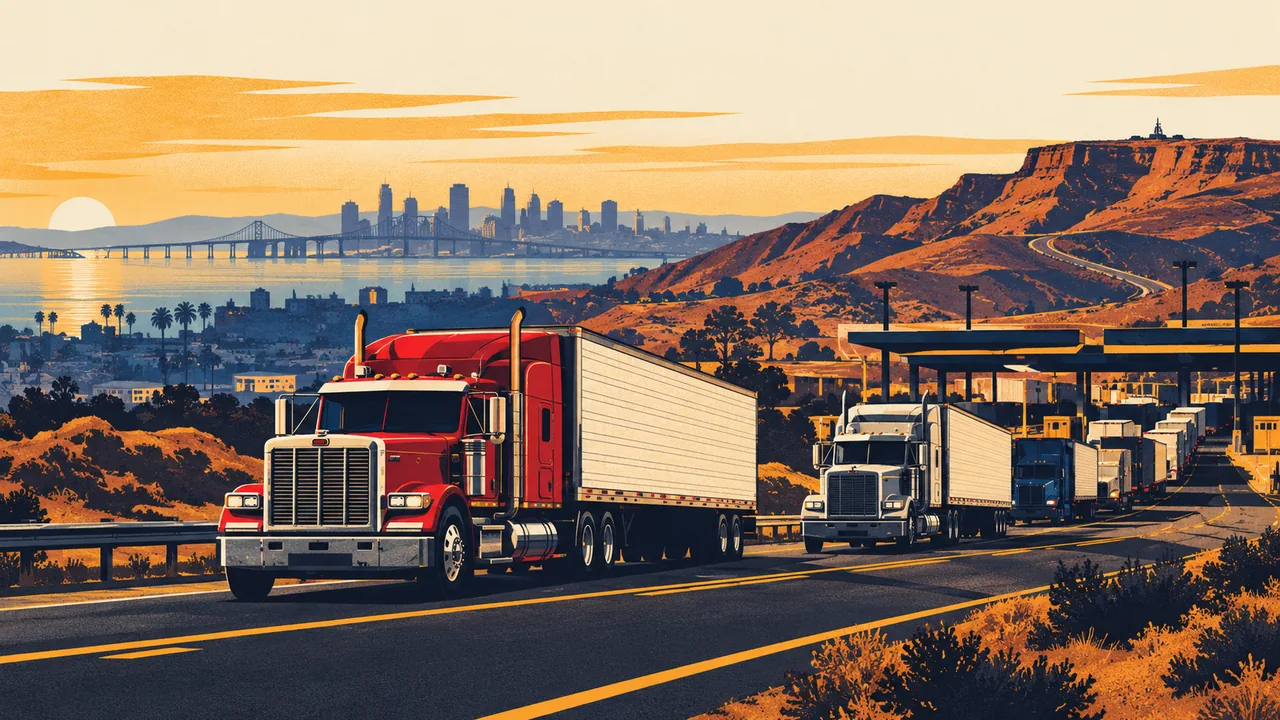 Illustration of tractor-trailers on the highways around San Diego & Otay Mesa
