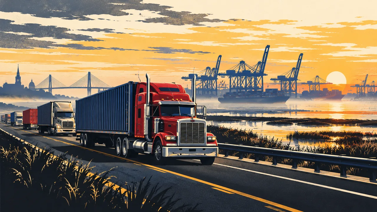 Illustration of tractor-trailers on the highways around Savannah