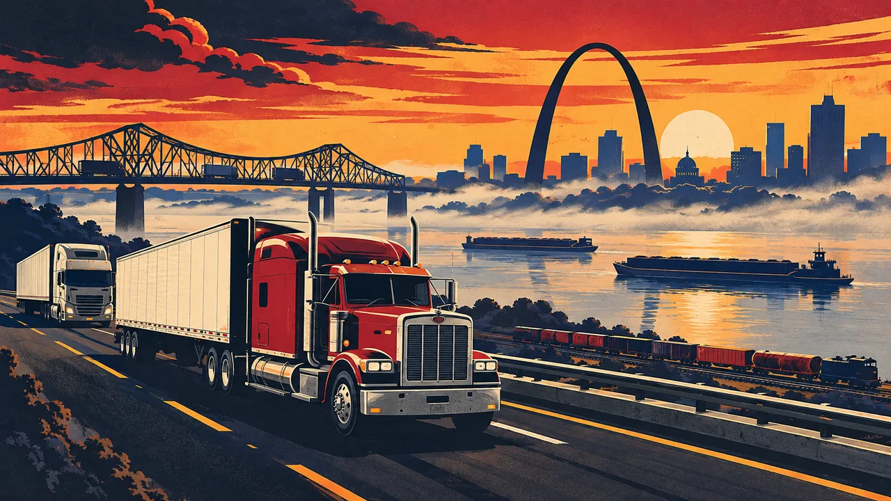 Illustration of tractor-trailers on the highways around St. Louis