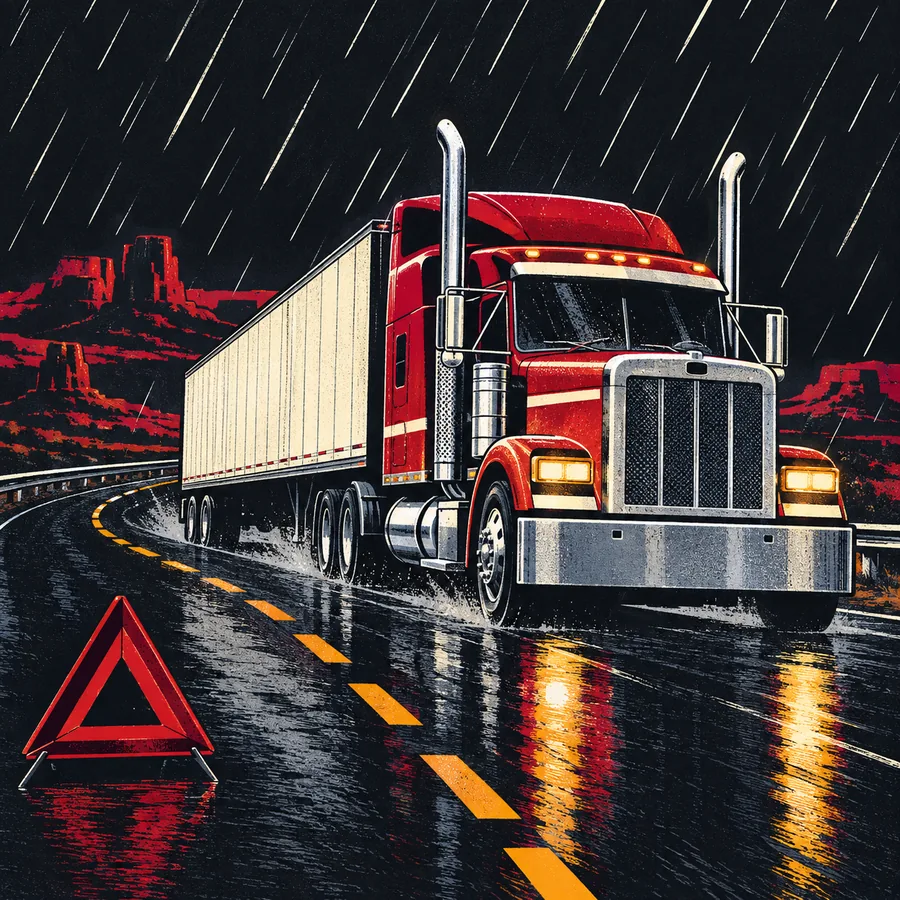A semi truck with a hazard warning motif