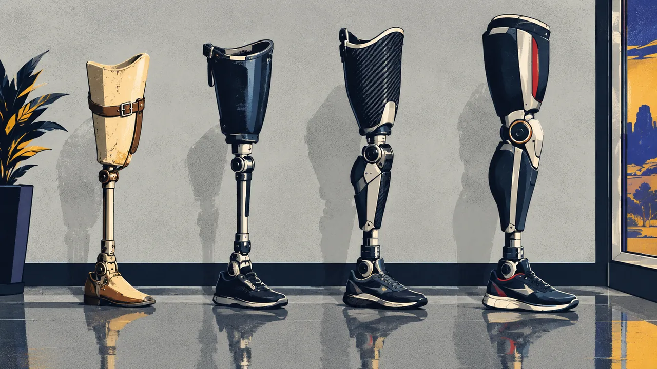 Row of prosthetic legs of different generations lined up against a clinic wall