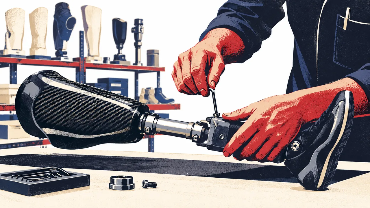 Prosthetist adjusting a modern prosthetic leg on a workbench