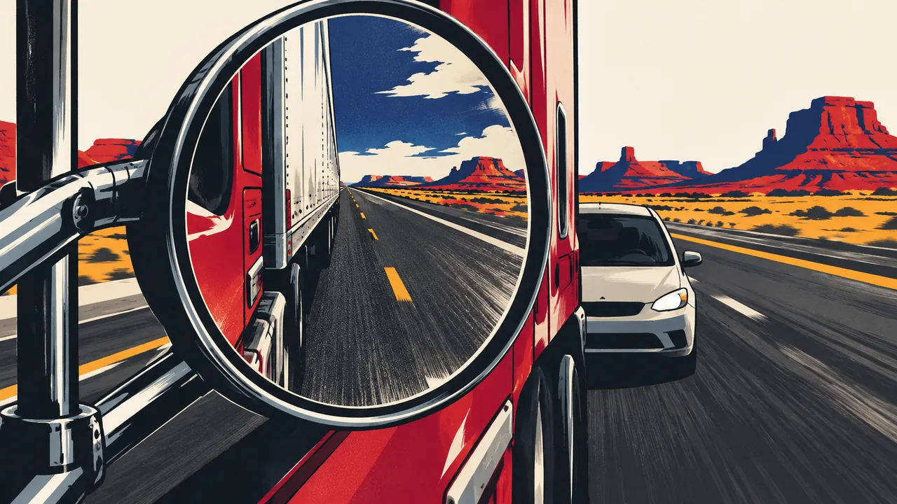 Truck side mirror reflecting a highway lane with a small car hidden just outside its view