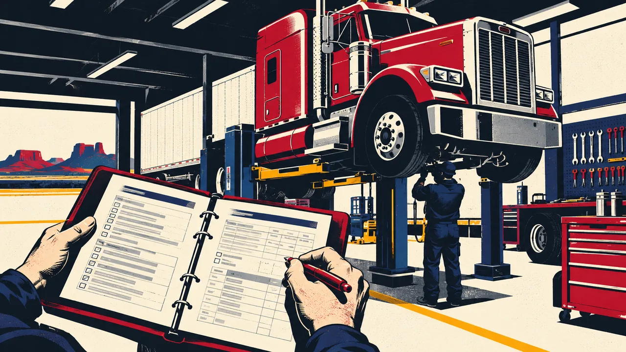 Maintenance manager reviewing a service log beside a lifted truck in a repair bay