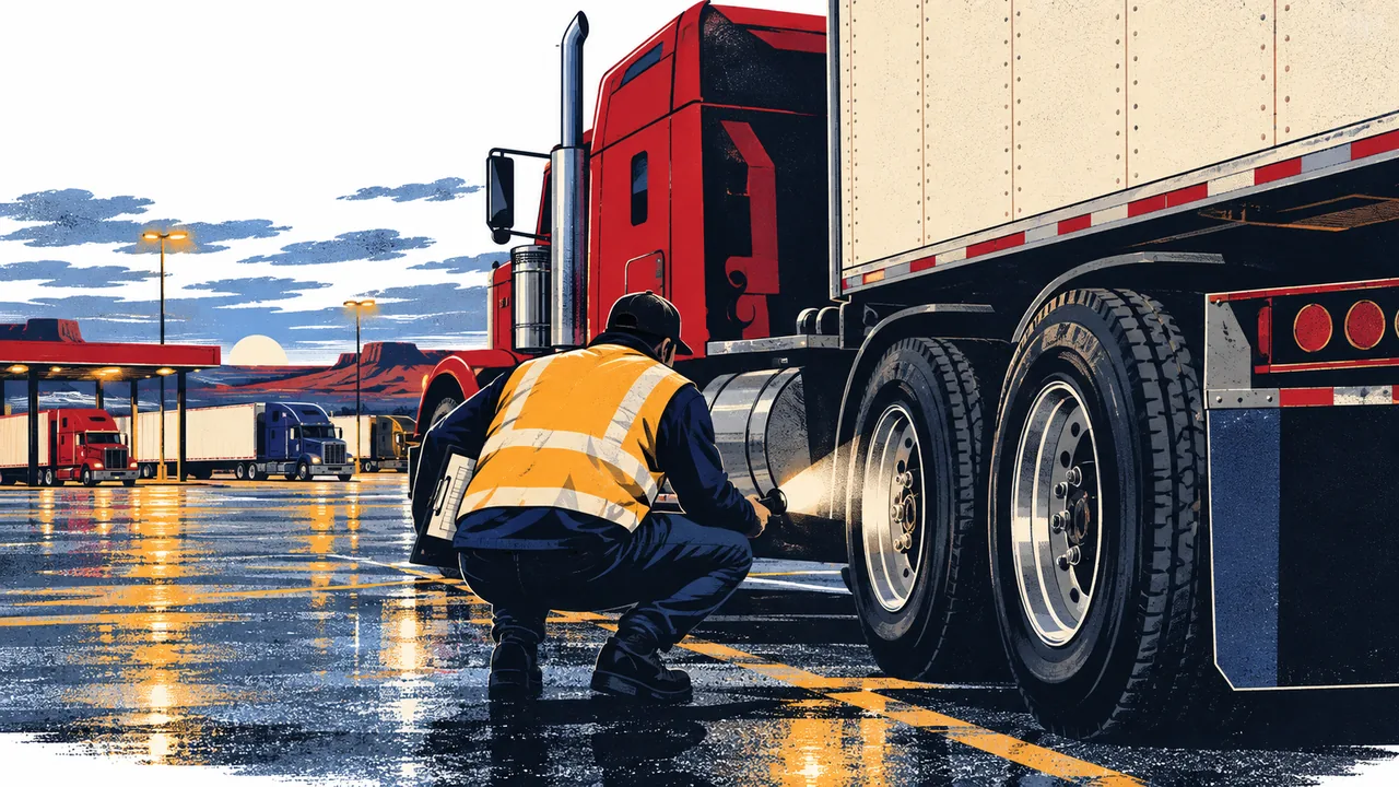 Driver doing a pre-trip inspection with a flashlight at a semi-truck wheel at dawn
