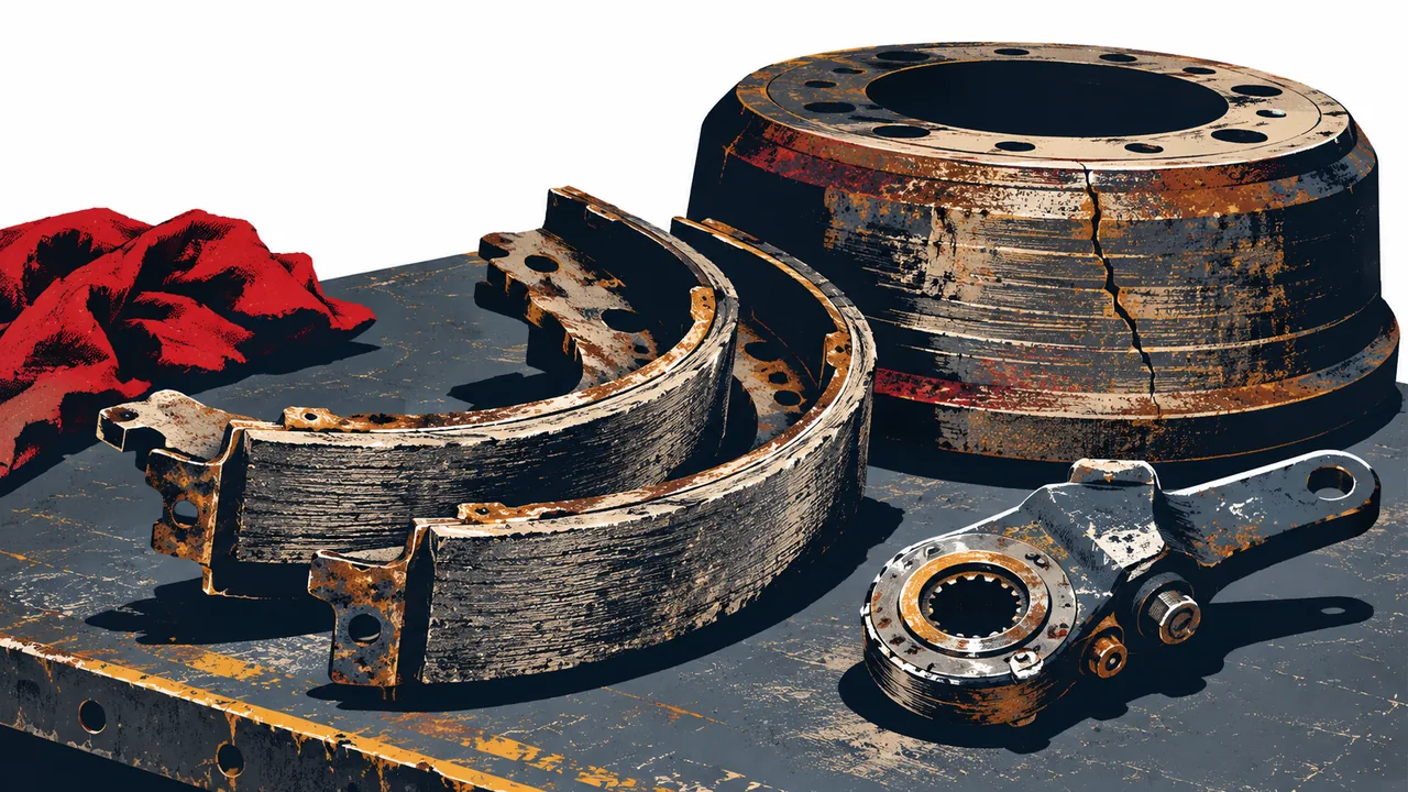 Close-up of worn truck brake shoes and a cracked drum on a workshop bench