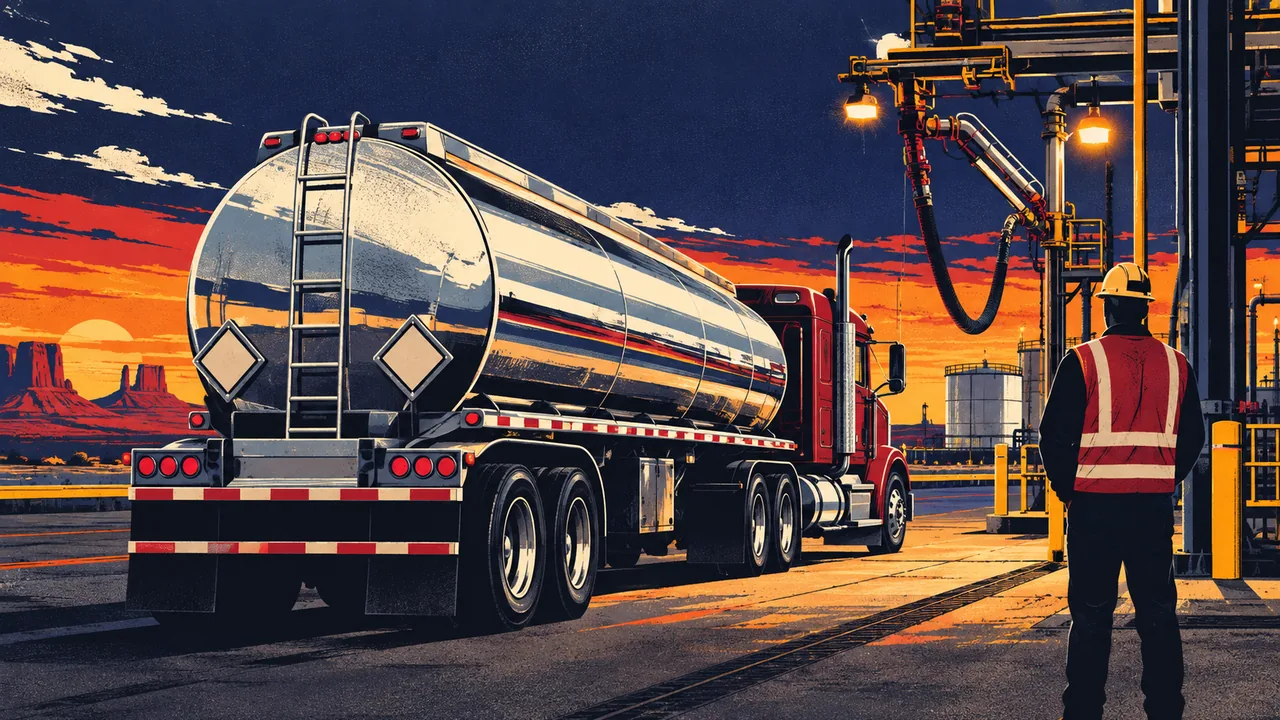 Tanker truck with blank hazard placard frames parked at a fuel terminal at dusk