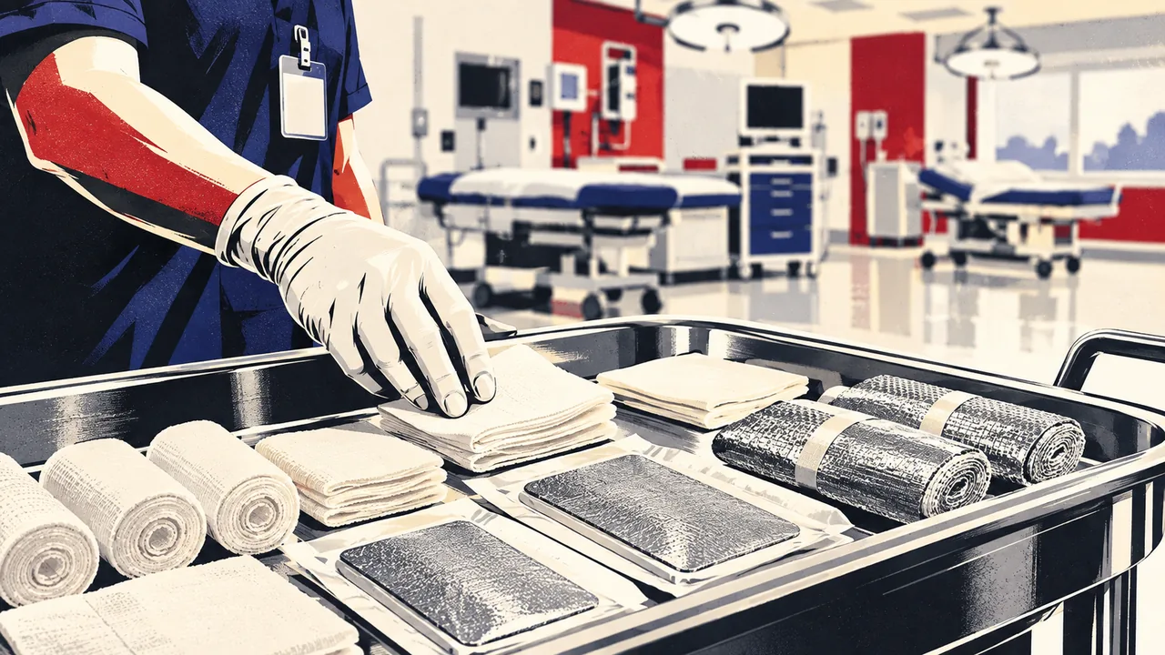 Burn center treatment room with sterile dressing supplies laid out on a tray