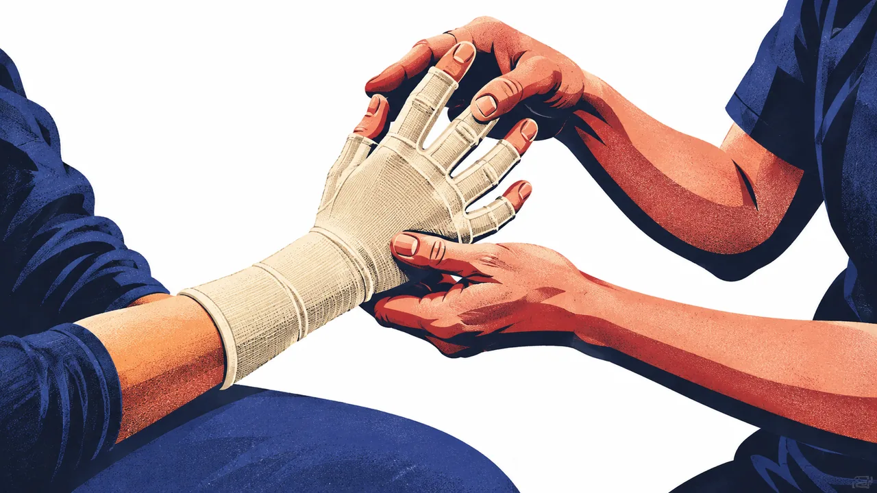 Physical therapist stretching a patient's hand wrapped in a compression glove