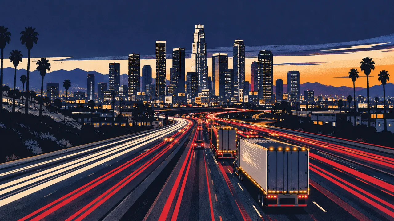 Downtown Los Angeles skyline at blue hour above a freeway with streaking truck light trails