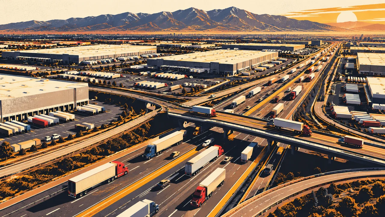 Aerial view of tractor-trailers on an Inland Empire freeway interchange beside large warehouse distribution centers