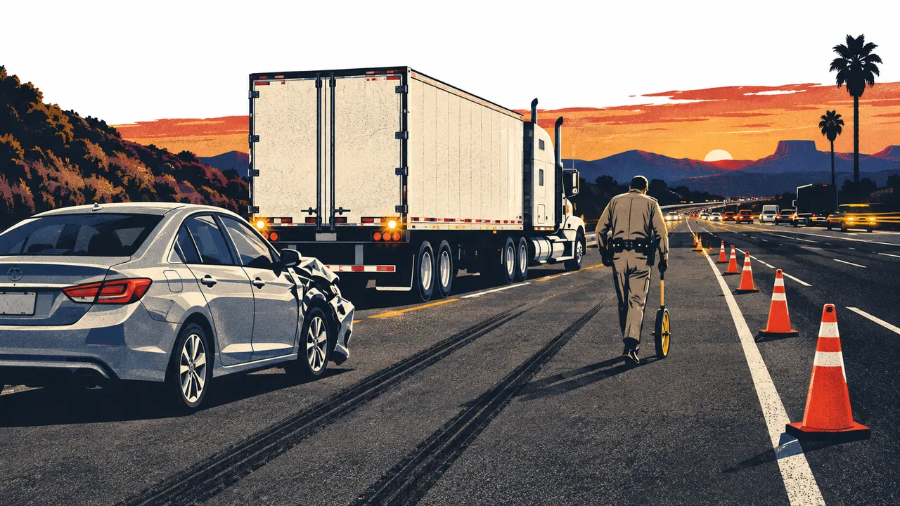 Investigator measuring skid marks beside a stopped tractor-trailer and a damaged sedan on a California freeway shoulder at dusk