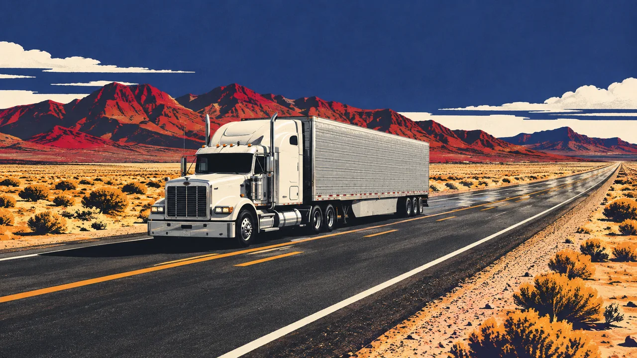 Lone semi-truck on a straight desert interstate in eastern California heading toward distant mountains