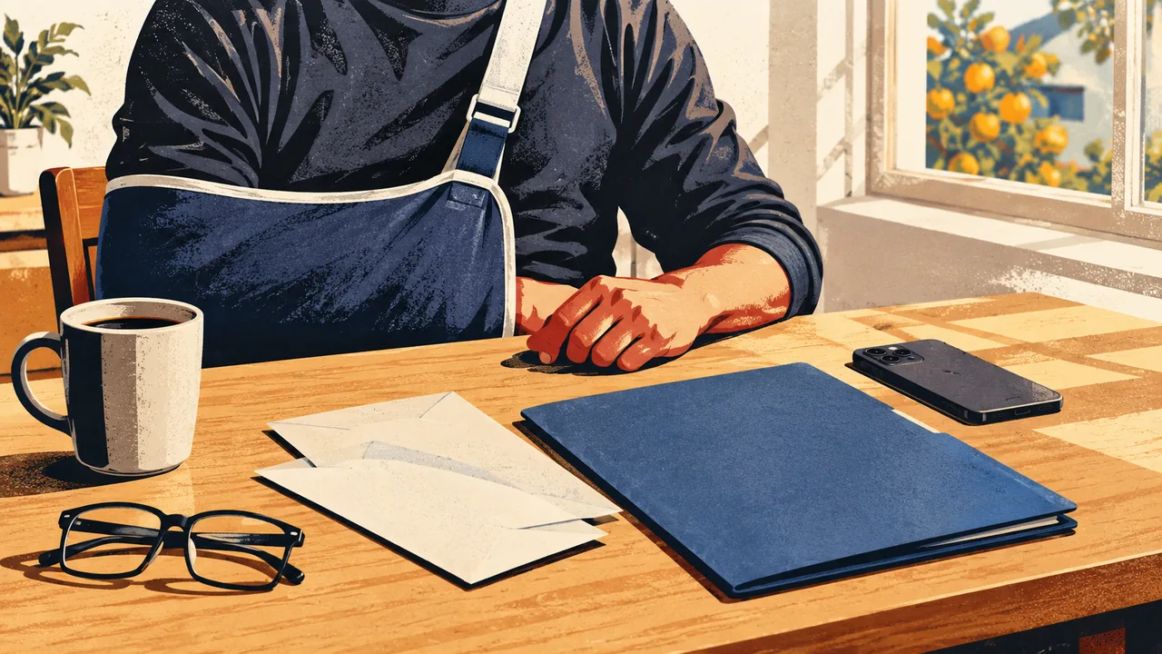 Person at a kitchen table pausing with a phone face-down beside unopened insurance mail and a hospital discharge folder