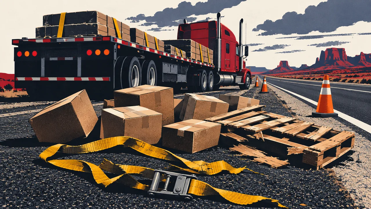 Snapped cargo strap and scattered boxes on a highway shoulder behind a stopped truck