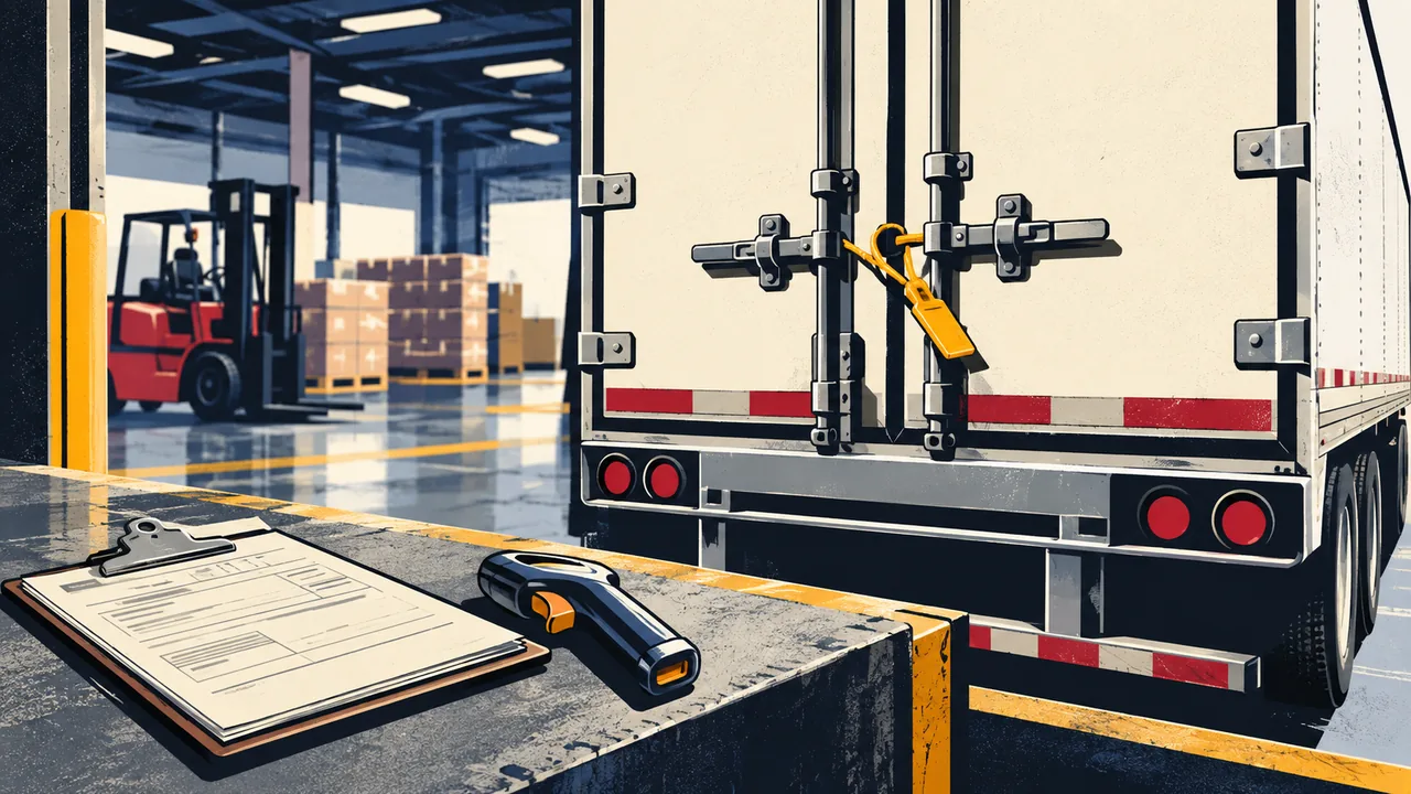 Warehouse loading bay with a sealed trailer door and a clipboard of shipping papers