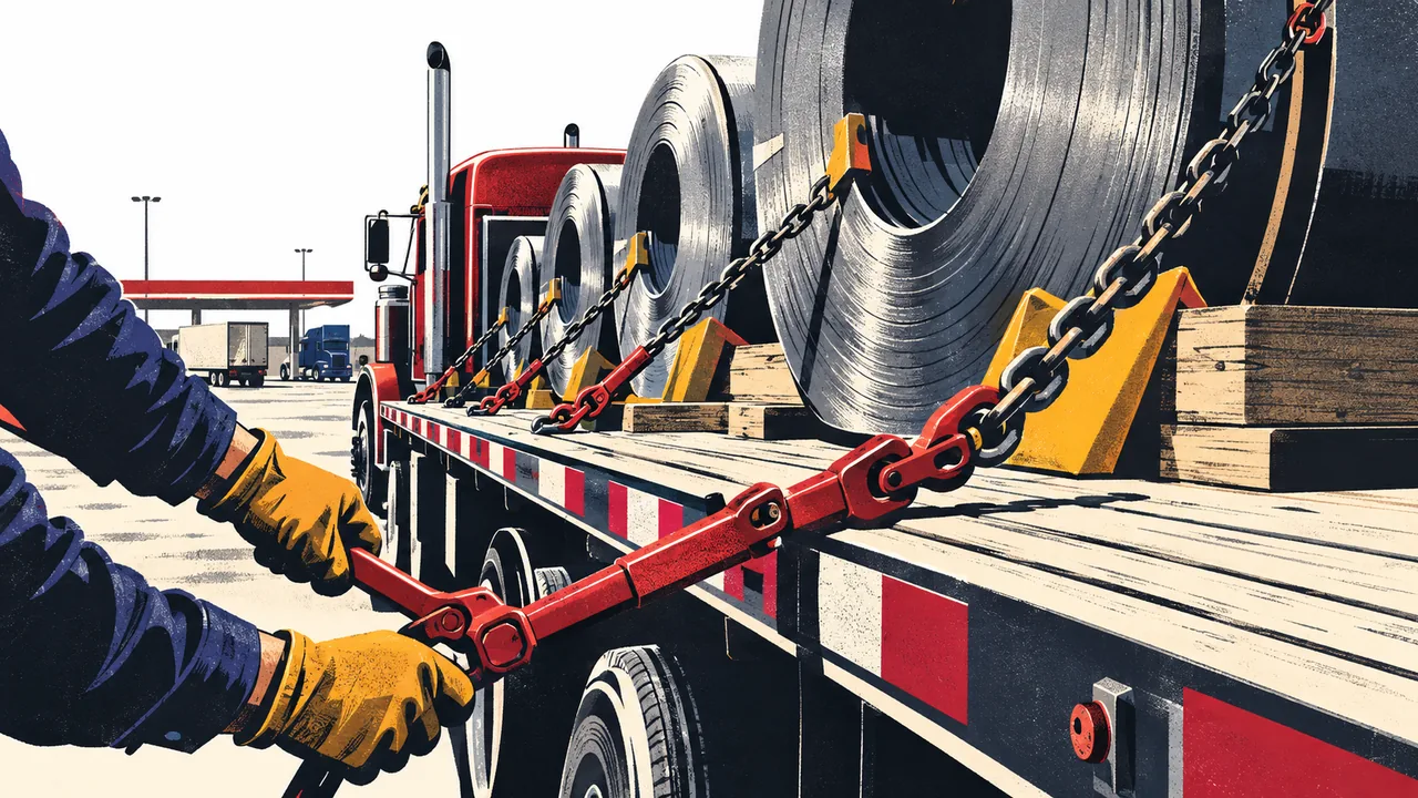 Flatbed load of steel coils secured with chains and binders in morning light