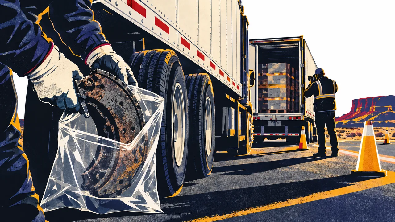 Investigator's gloved hand collecting a brake component beside a stopped trailer while a second person photographs the load