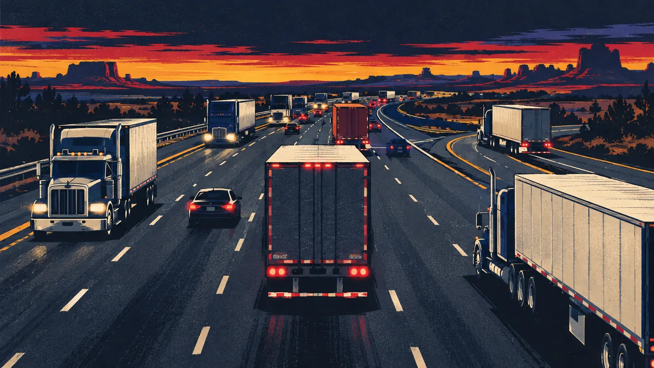 Wide dusk view of a busy interstate with tractor-trailers merging, braking, and changing lanes
