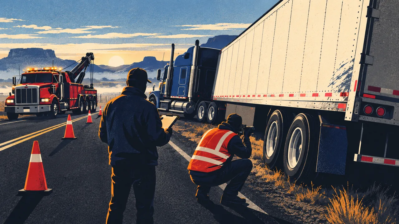Investigator in a high-visibility vest photographing the wheels of a jackknifed tractor-trailer on a rural highway at dawn