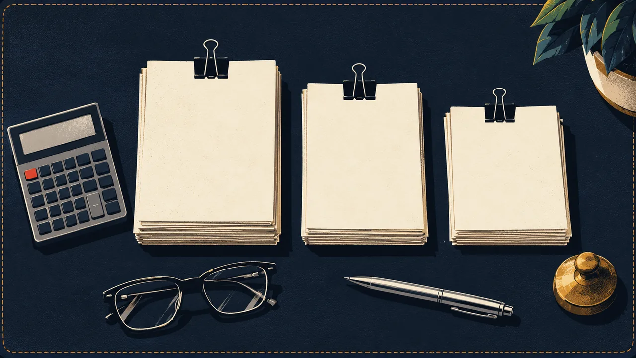 Top-down flat lay of a calculator, three stacks of papers, and a pen on a navy desk blotter