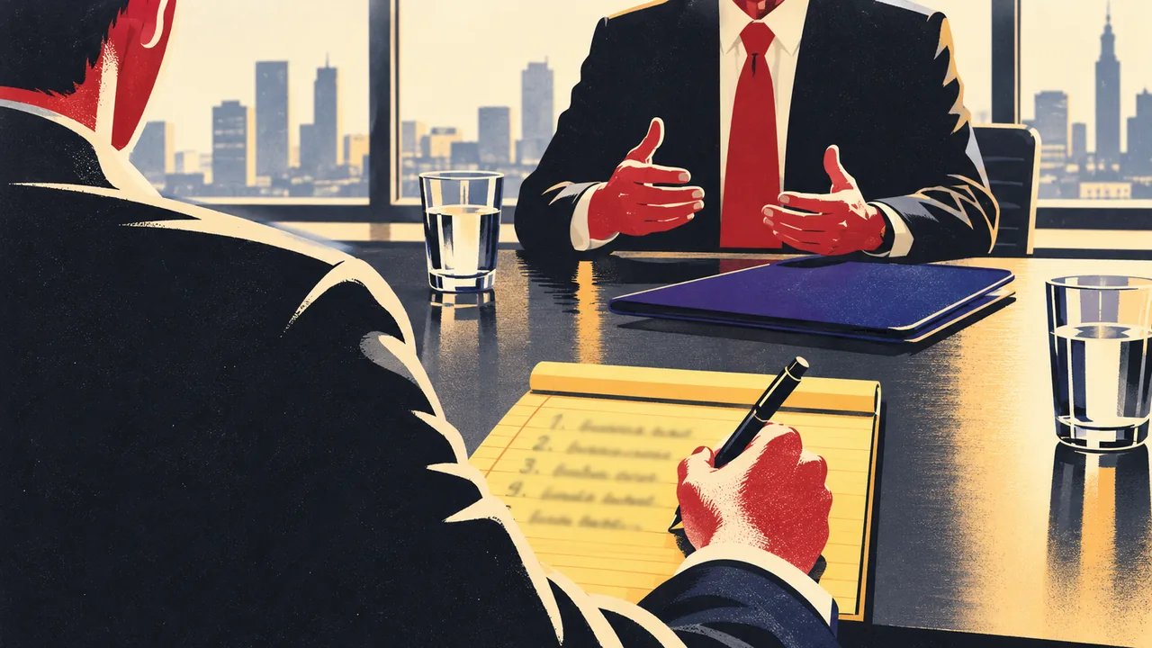 Over-the-shoulder view of a person taking handwritten notes during a consultation across a conference table