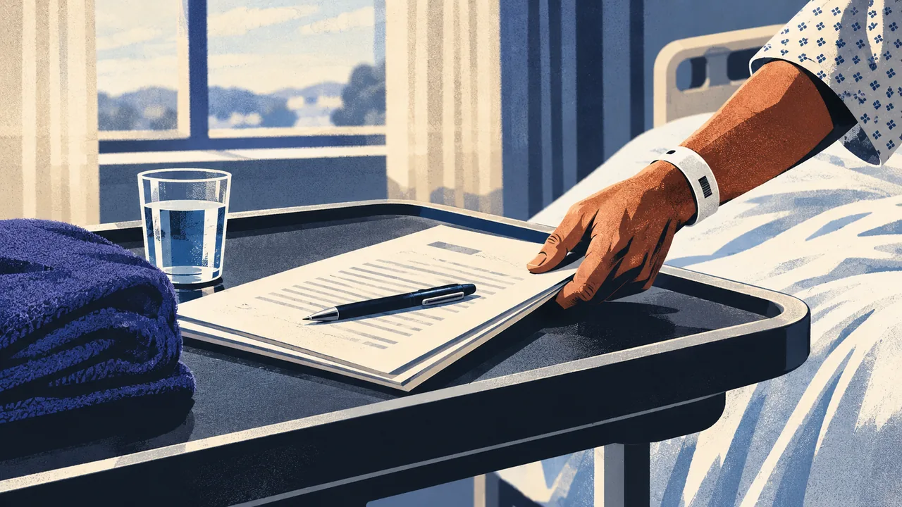 A hand pushing away a pen and contract placed on a hospital bedside tray
