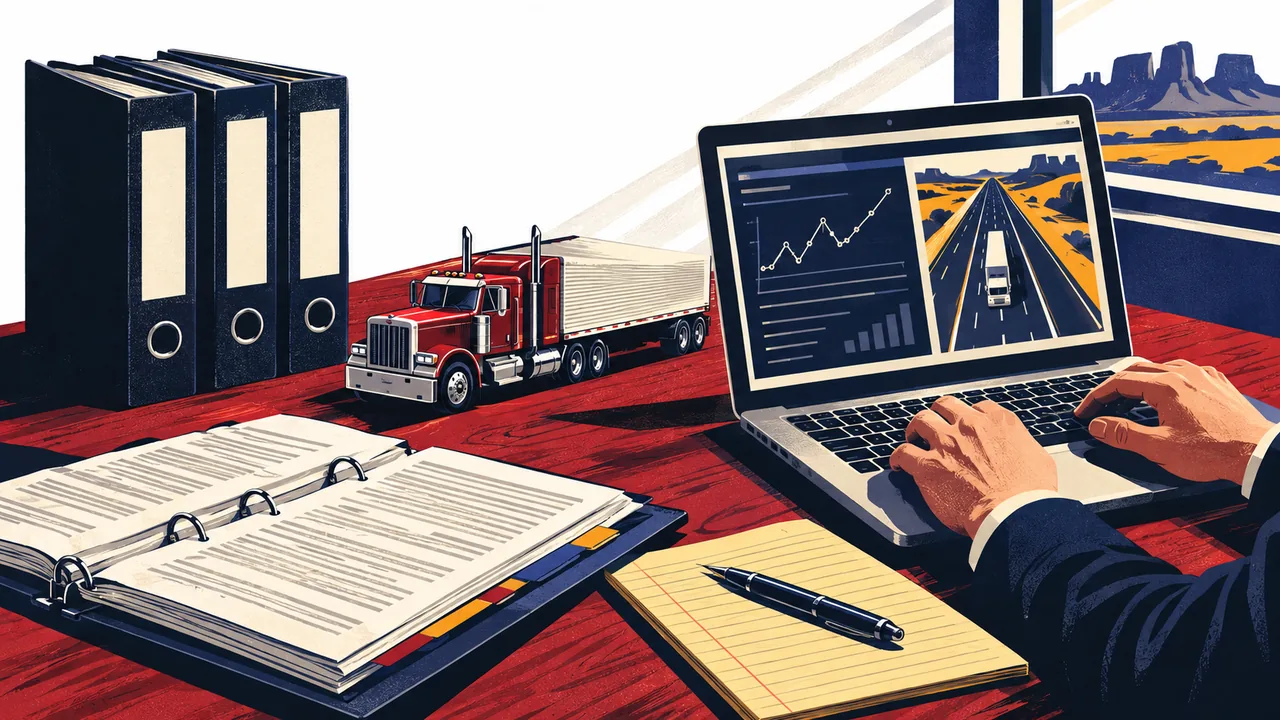 Desk with thick trucking regulation binders, a laptop showing a data chart, and a scale model semi-truck