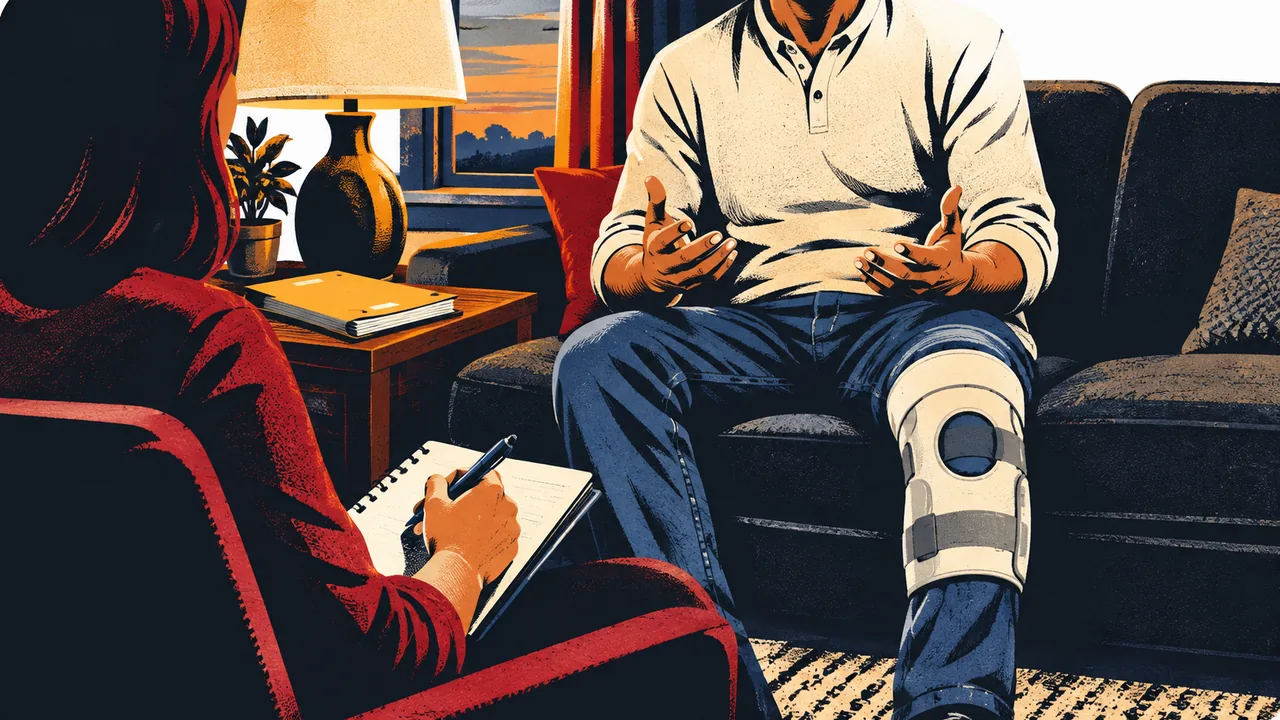 Two people in a private living room conversation, one listening and taking notes, faces out of frame
