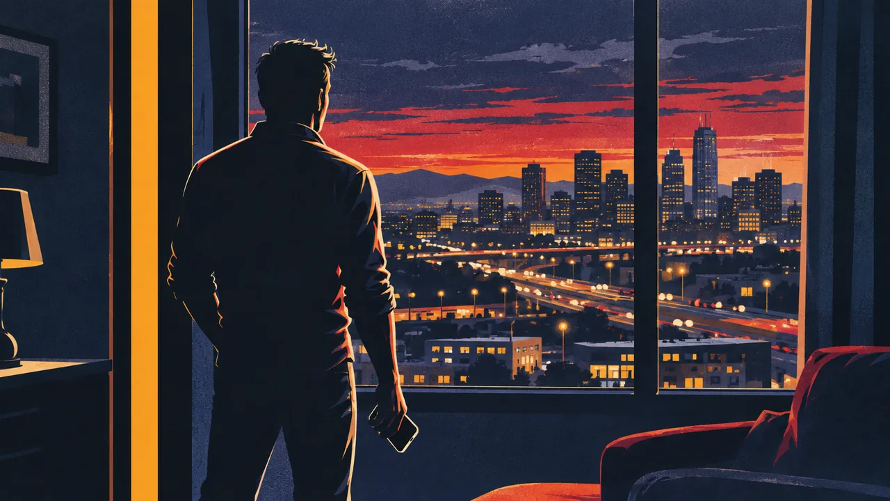 Silhouette of a person at a window at dusk holding a phone, city lights beyond