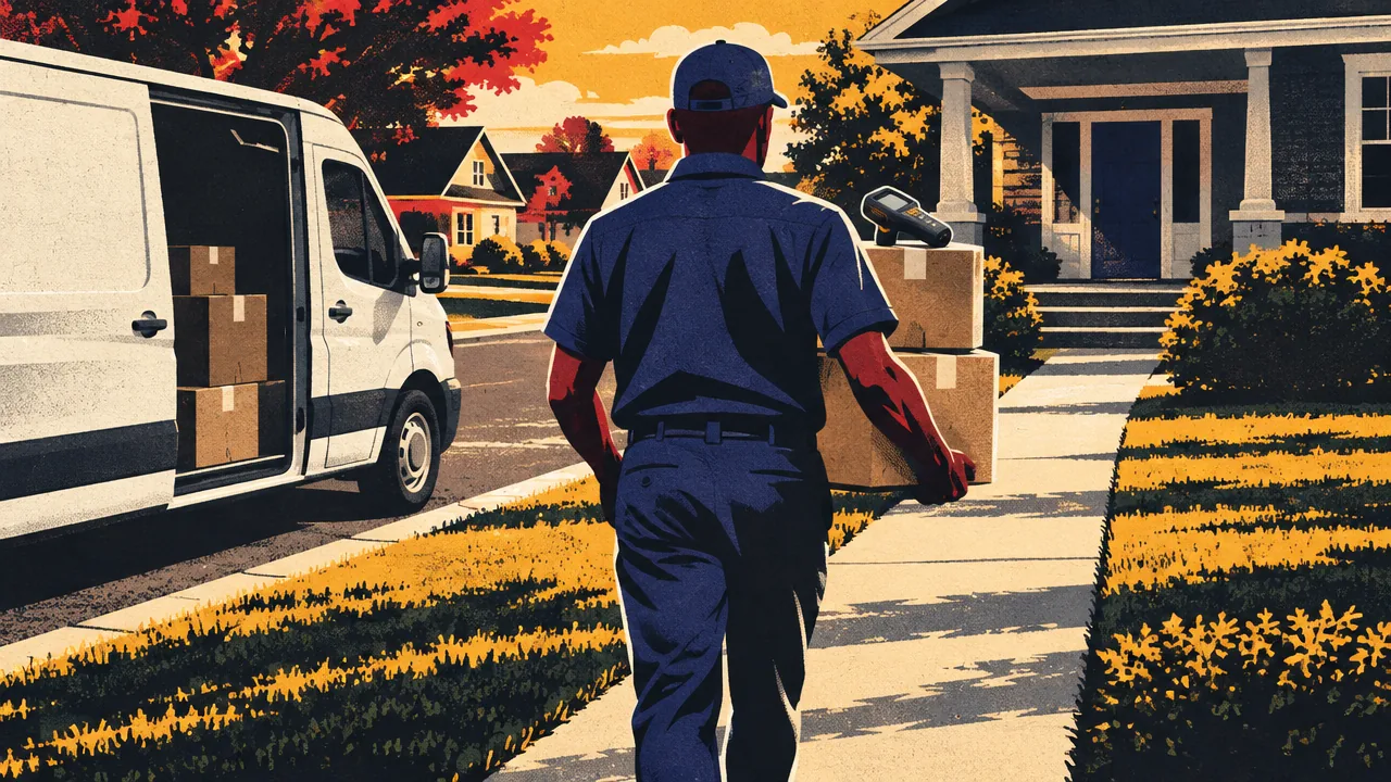 Delivery driver seen from behind carrying packages and a handheld scanner toward a house with a van parked at the curb