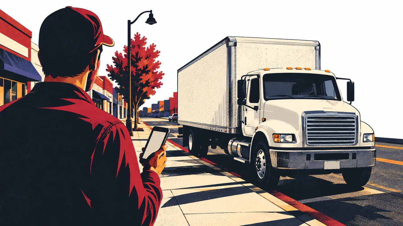 Person on a sidewalk holding a phone and looking toward a parked box truck in late afternoon light