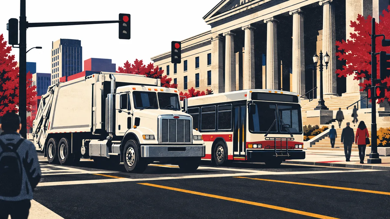 Unmarked city refuse truck and bus at an intersection in front of a columned civic building
