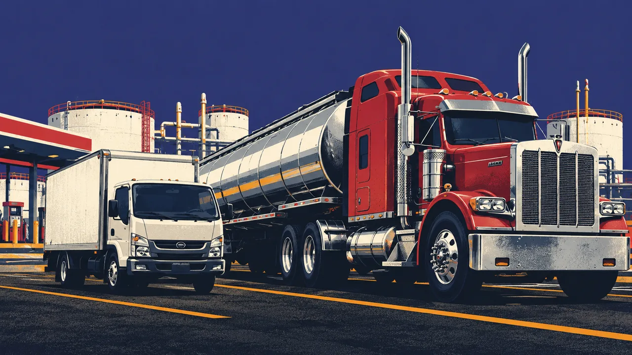 Small box truck parked beside a much larger tanker truck at a fuel depot